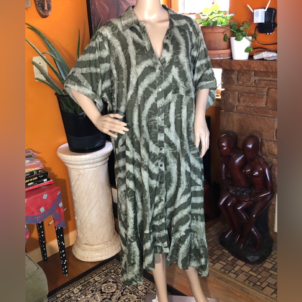 Ashley Stewart Green Cotton Midi Asymmetric Loose Dress 1/2 Sleeves